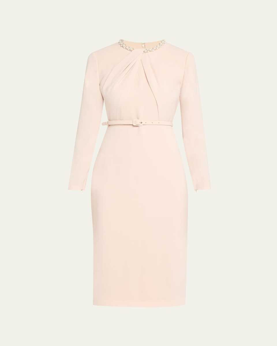 Beaded Twist Long-Sleeve Light Cady Midi Dress